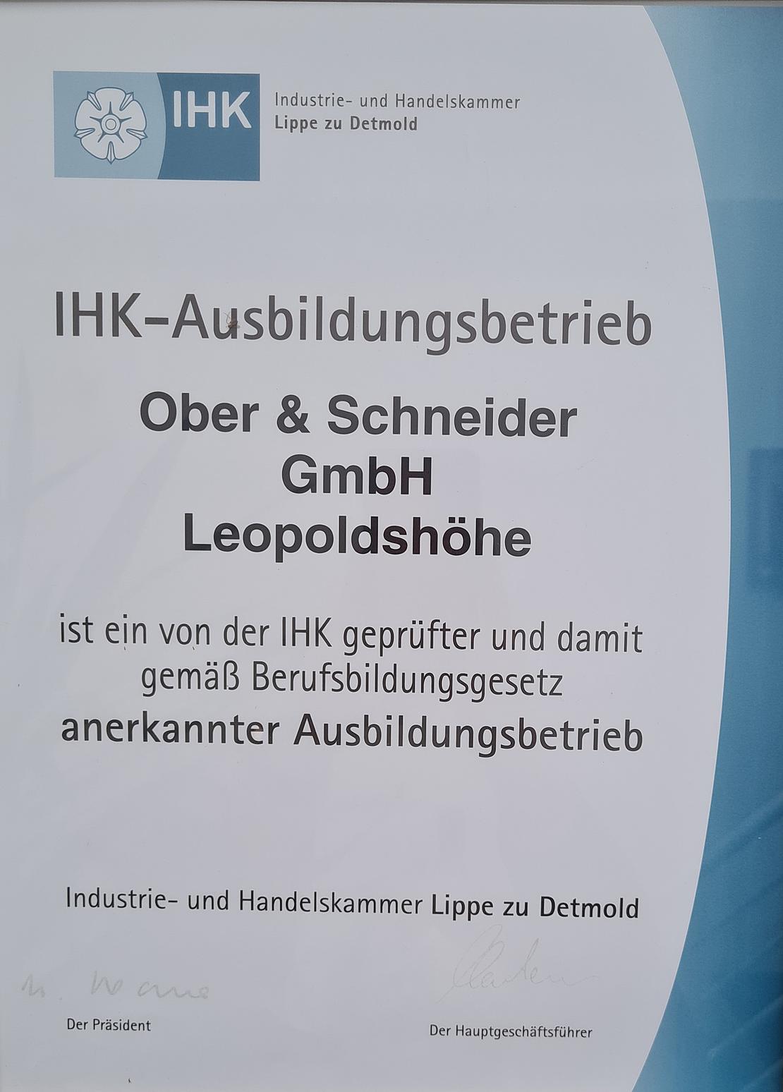 IHK Urkunde Ausbildungsbetrieb